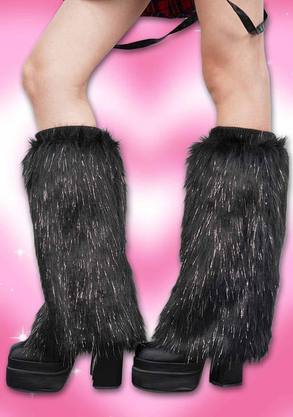 Black Silver Faux Fur Y2K Leg Warmers Cherrykitten