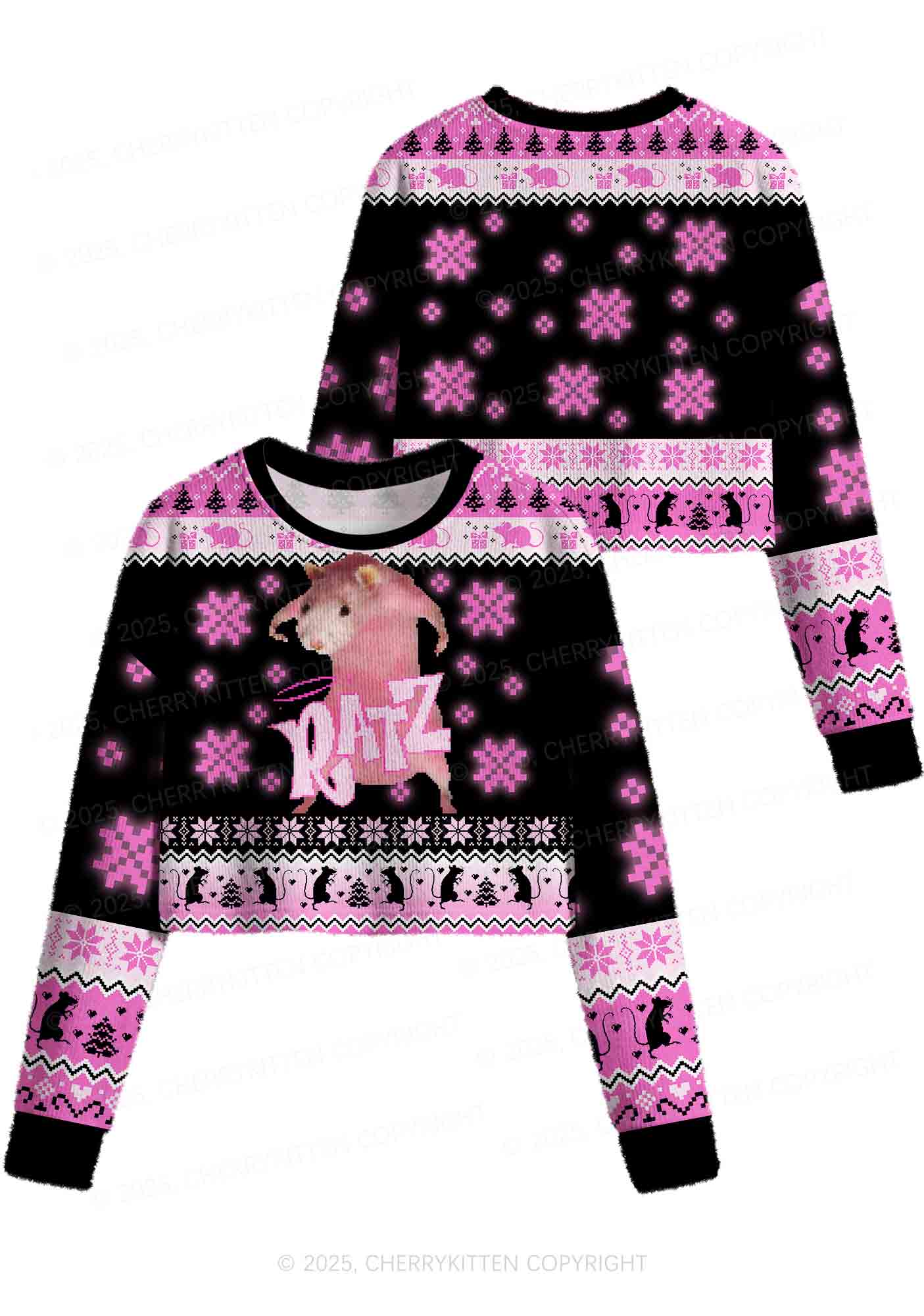 Hot Pink Ratz Y2K Christmas Crop Knit Sweatshirt Cherrykitten