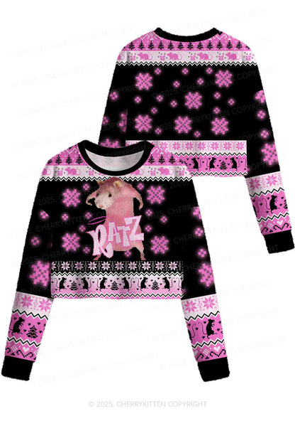 Hot Pink Ratz Y2K Christmas Crop Knit Sweatshirt Cherrykitten