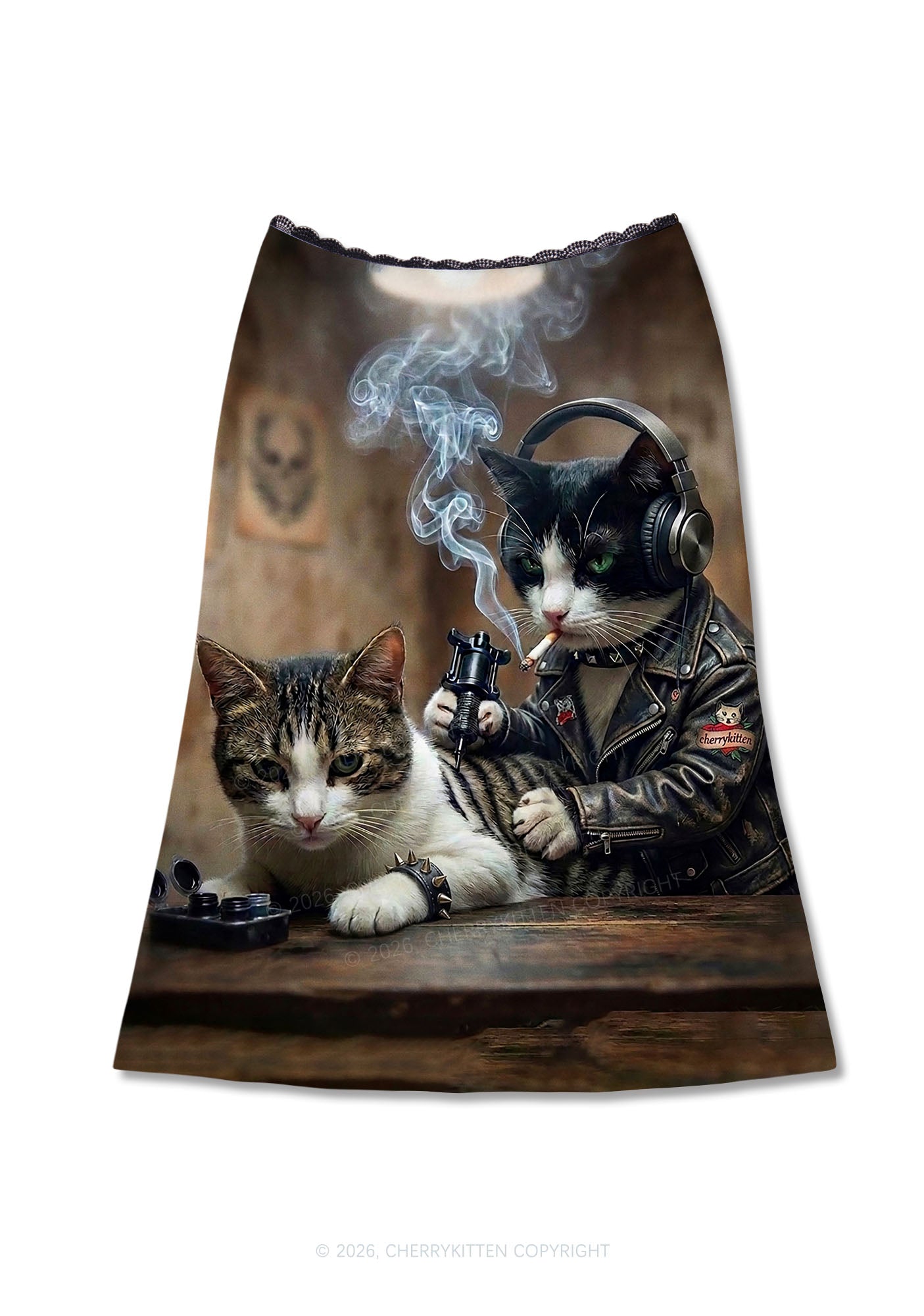 Smoking Cats Tattoo Scene Y2K Print Midi Skirt Cherrykitten