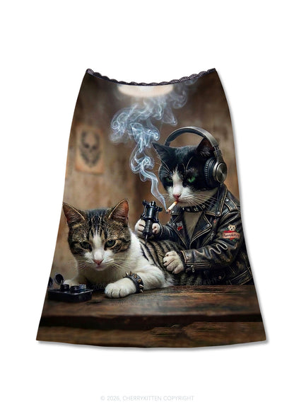 Smoking Cats Tattoo Scene Y2K Print Midi Skirt Cherrykitten