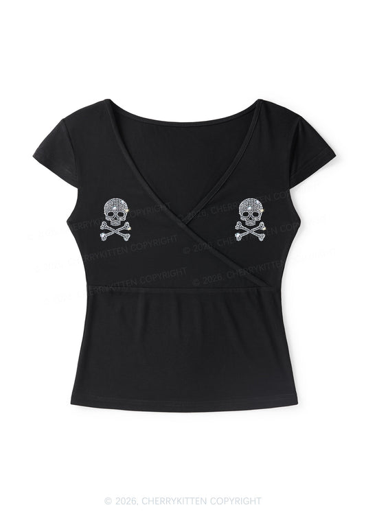 Rhinestone Skull Y2K Wrap V Neck T Shirts Cherrykitten