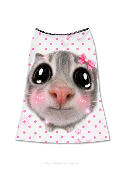 Pink Dots Bow Cat Y2K Print Midi Skirt Cherrykitten