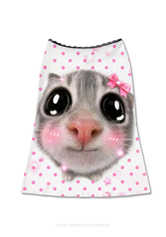 Pink Dots Bow Cat Y2K Print Midi Skirt Cherrykitten