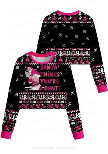 Santa Thinks Youre A Cxxt Y2K Christmas Crop Knit Sweatshirt Cherrykitten