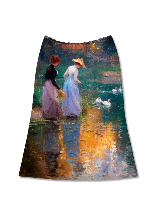 Sunset Pond Swans Pride Y2K Print Midi Skirt Cherrykitten