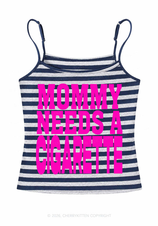Mommy Needs A Cigarette Y2K Navy Grey Striped Spaghetti Strap Cami Cherrykitten