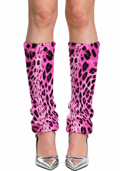 Hot Pink Black Leopard Y2K Print Fuzzy Straight Leg Warmers Cherrykitten
