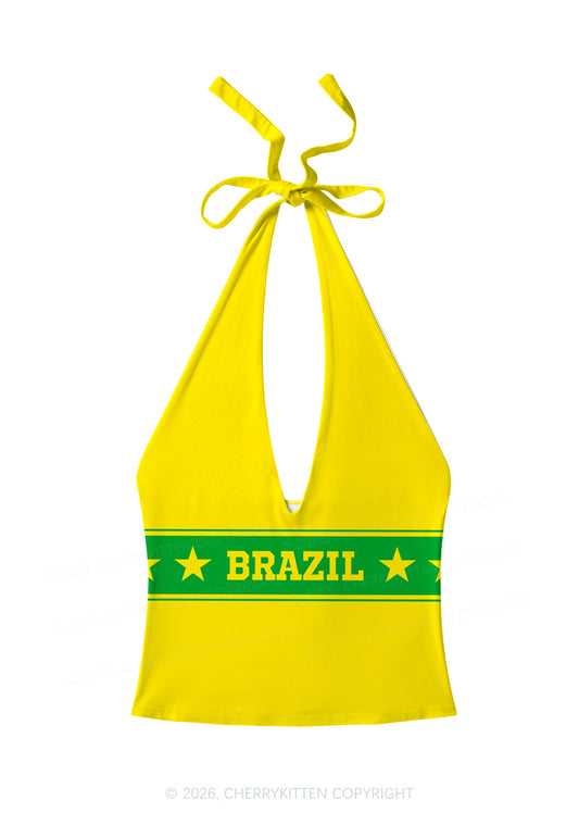 Yellow Green Stripe Star Y2K Print Halter Deep V Neck Cami Cherrykitten