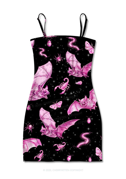 Halloween Pink Bat Y2K Print Slip Dress Cherrykitten