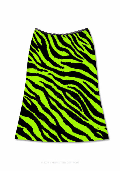 Green Zebra Y2K Print Midi Skirt Cherrykitten