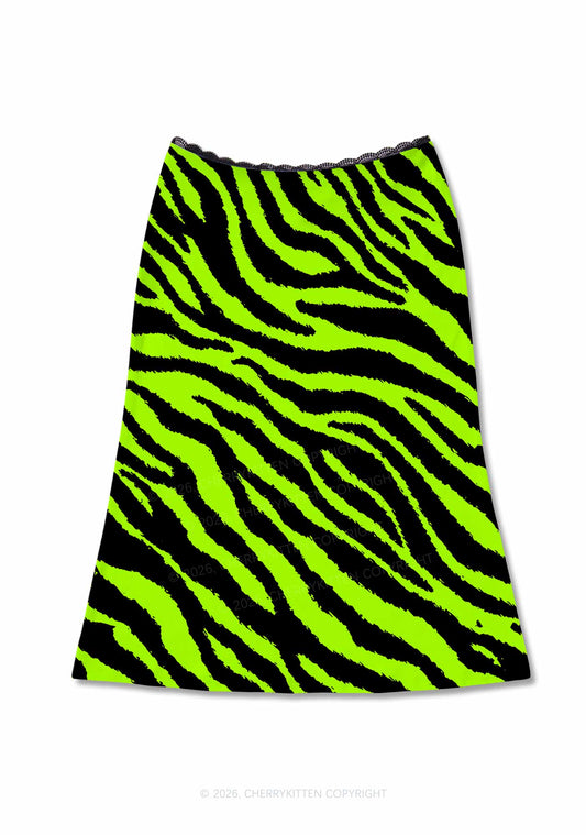Green Zebra Y2K Print Midi Skirt Cherrykitten