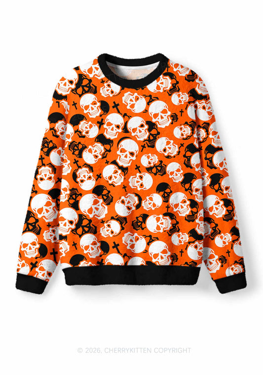 Halloween Orange Skull Cross Y2K Christmas Knit Sweatshirt Cherrykitten