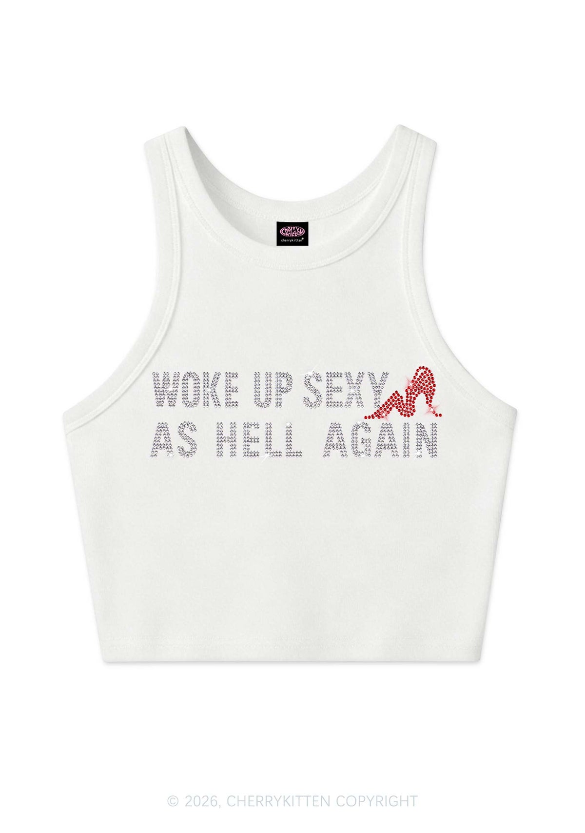 Rhinestone Woke Up Sexy Y2K Crop Tank Top Cherrykitten