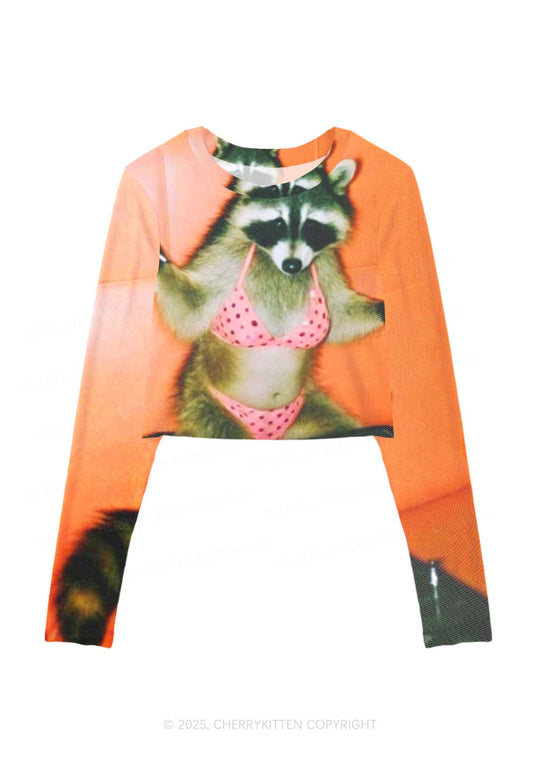 Bikini DJ Raccoon Y2K Mesh Long Sleeve Crop Top Cherrykitten