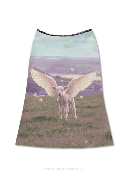 Angel Wing Lamb Y2K Print Midi Skirt Cherrykitten