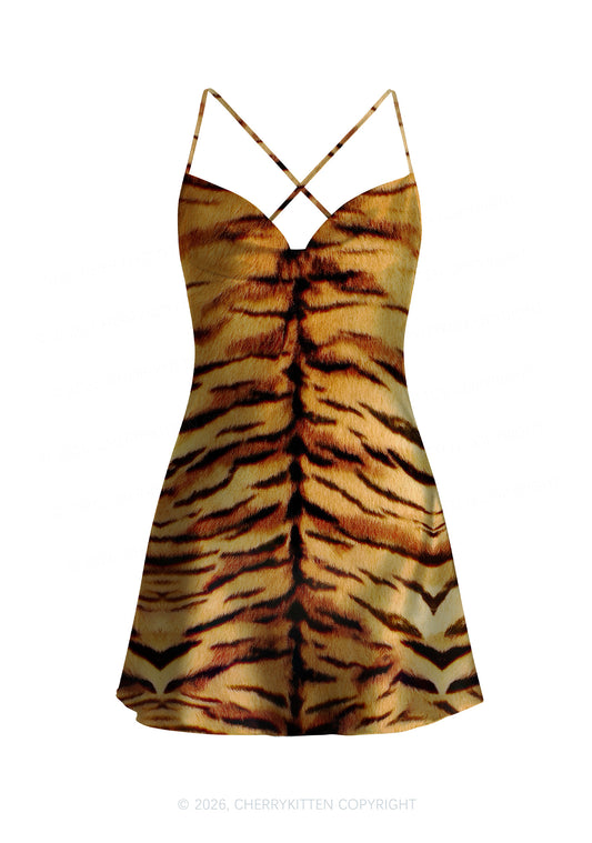 Wild Tiger Texture Y2K Print Satin Cowl Neck Slip Dress Cherrykitten