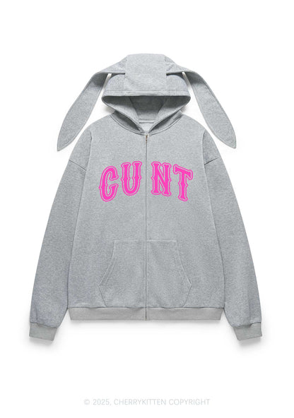 Pink Cxxt Y2K Bunny Ear Zip Hoodie Cherrykitten