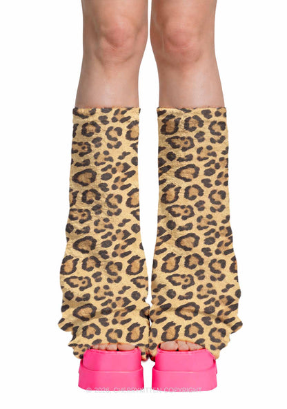 Khaki Leopard Y2K Print Fuzzy Flared Leg Warmers Cherrykitten