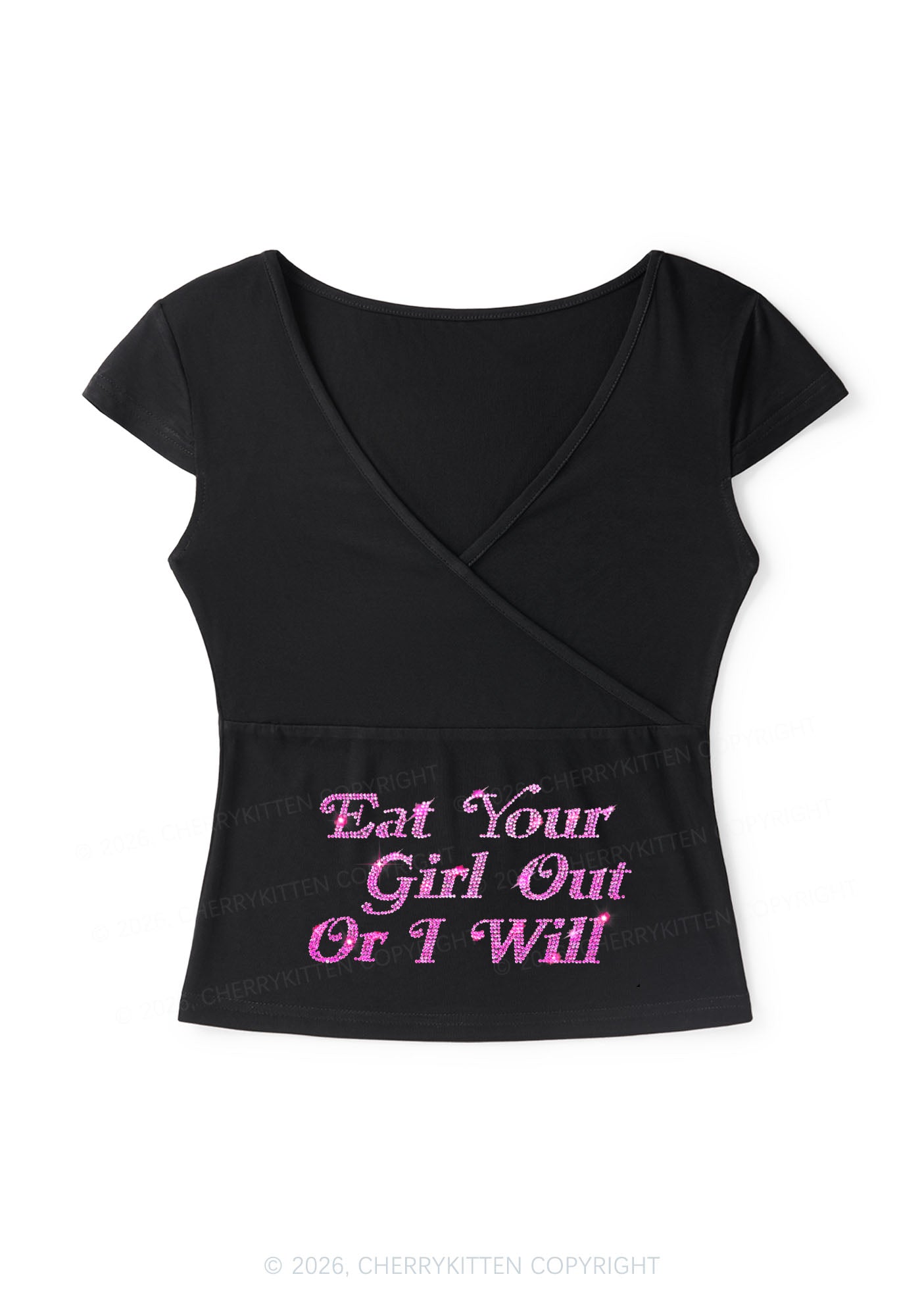 Rhinestone Eat Your Girl Out Y2K Wrap V Neck T Shirts Cherrykitten