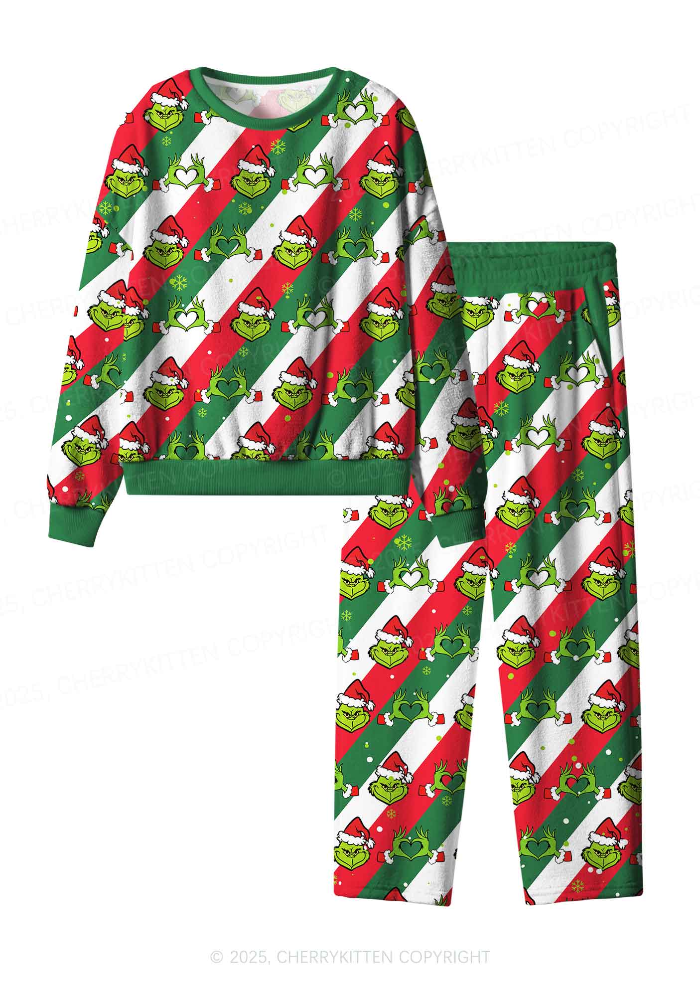 Christmas Red Whoville Heart Hands Y2K Fleece Long Sleeve Pajama Set Cherrykitten