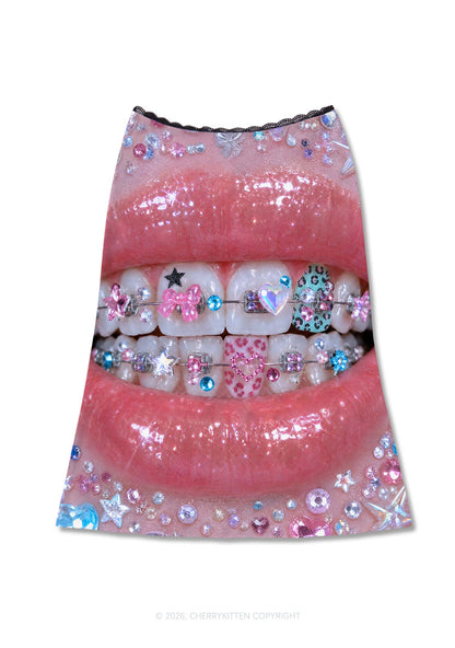 Sparkle Braced Mouth Art Y2K Print Midi Skirt Cherrykitten