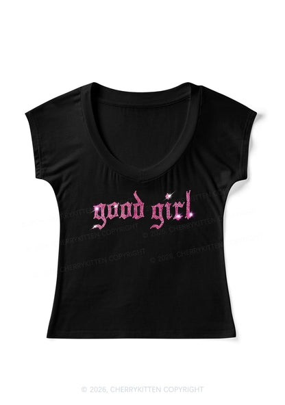 Rhinestone Good Girl Y2K V Neck T Shirts Cherrykitten