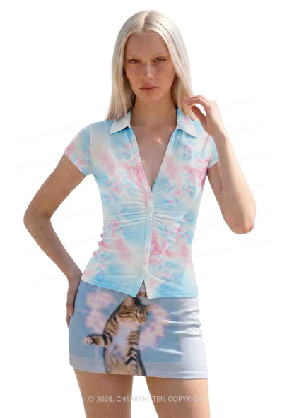 Trans Thermal Pride Y2K Mesh Ruched  Waist  V Neck Top Cherrykitten