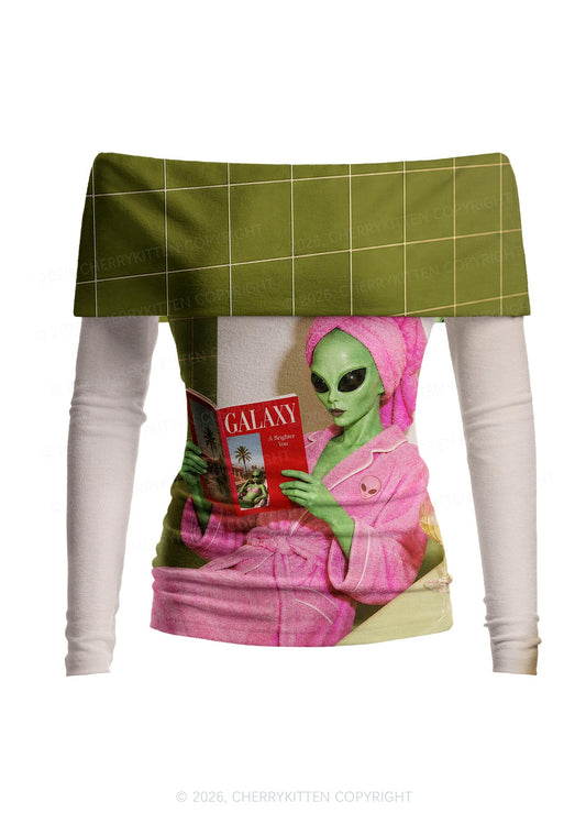 Pink Bath Robe Alien Y2K Off Shoulder Fold Over Knit Top Cherrykitten