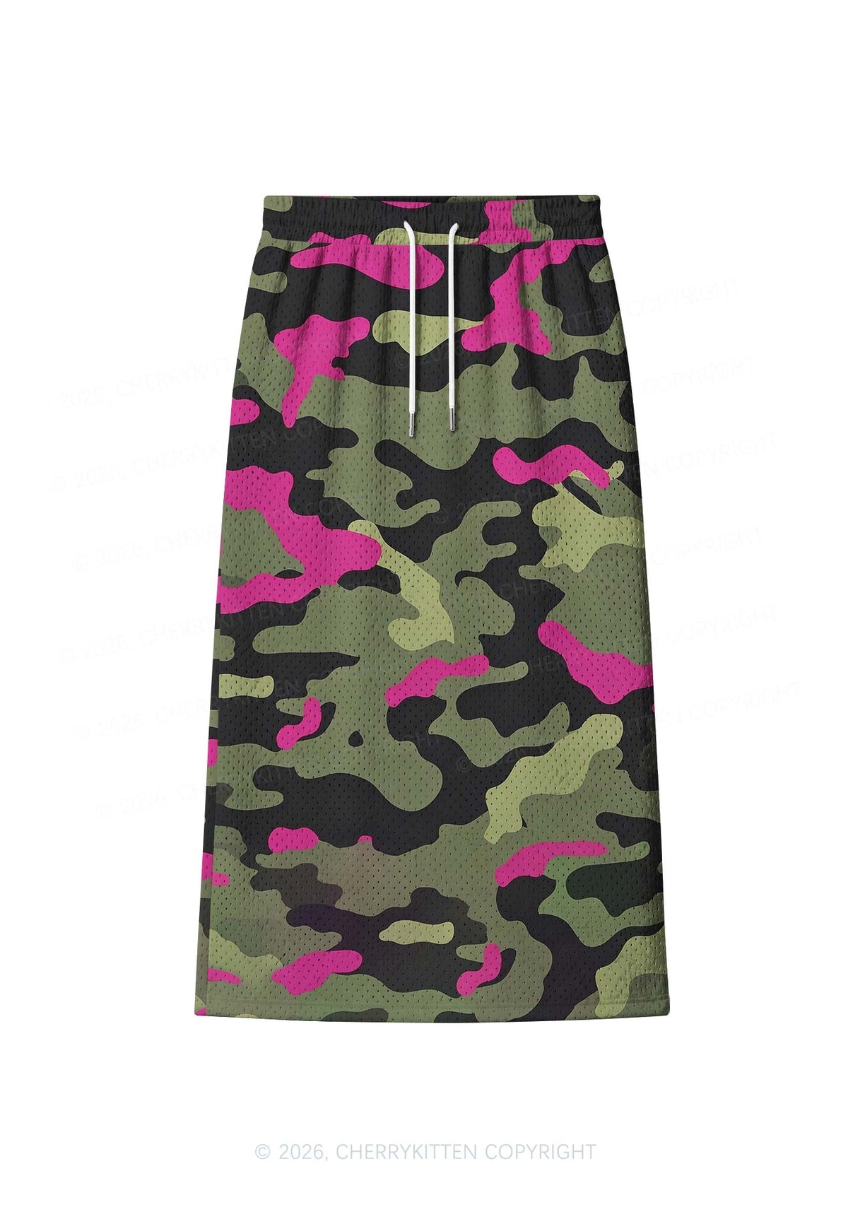 Green And Hot Pink Camo Y2K Sport Jersey Drawstring Midi Skirt Cherrykitten