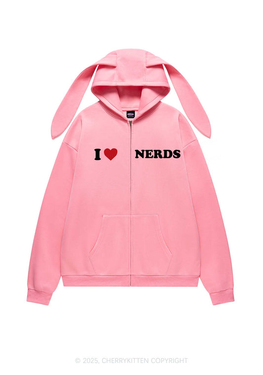 I Love Nerds Y2K Bunny Ear Zip Hoodie Cherrykitten