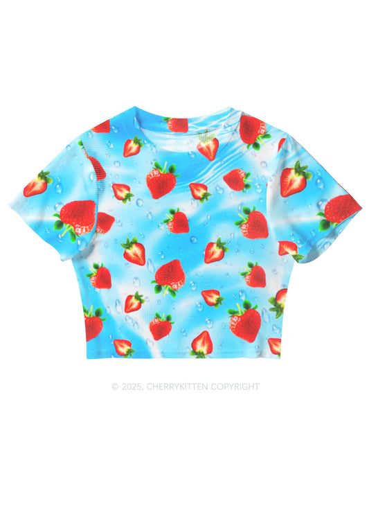 Blue Strawberry Y2K Mesh Crop Top Cherrykitten