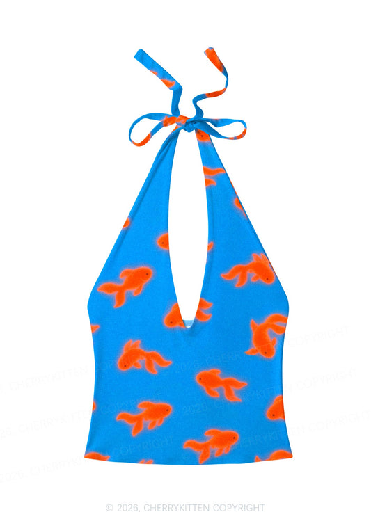 Orange Goldfish On Blue Y2K Print Halter Deep V Neck Cami Cherrykitten