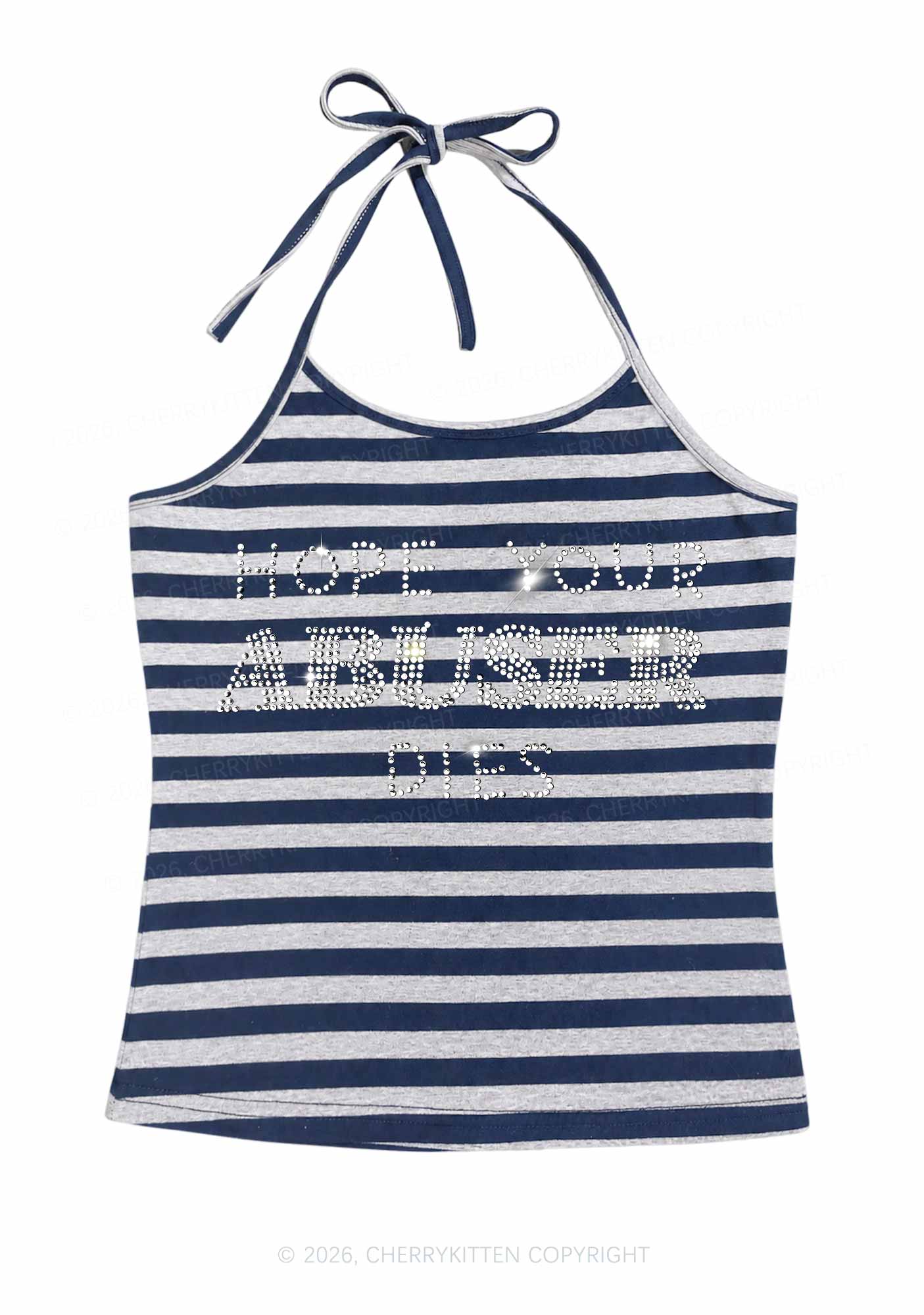 Rhinestone Abuser Dies Y2K Navy Grey Striped Halter Neck Cami Cherrykitten
