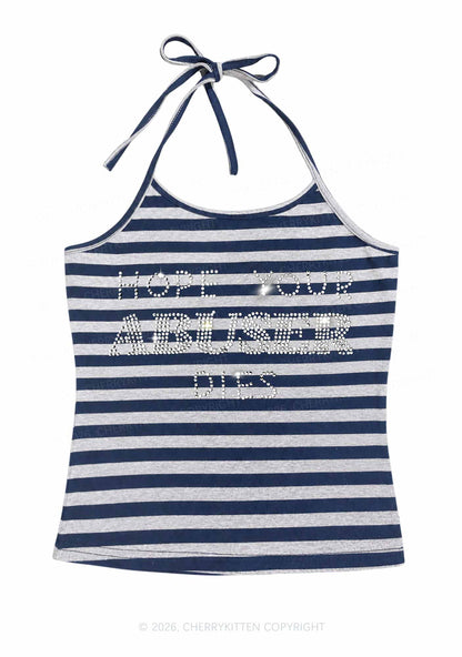 Rhinestone Abuser Dies Y2K Navy Grey Striped Halter Neck Cami Cherrykitten
