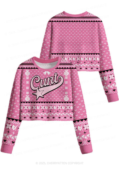 Pink Cxxt Star Y2K Christmas Crop Knit Sweatshirt Cherrykitten