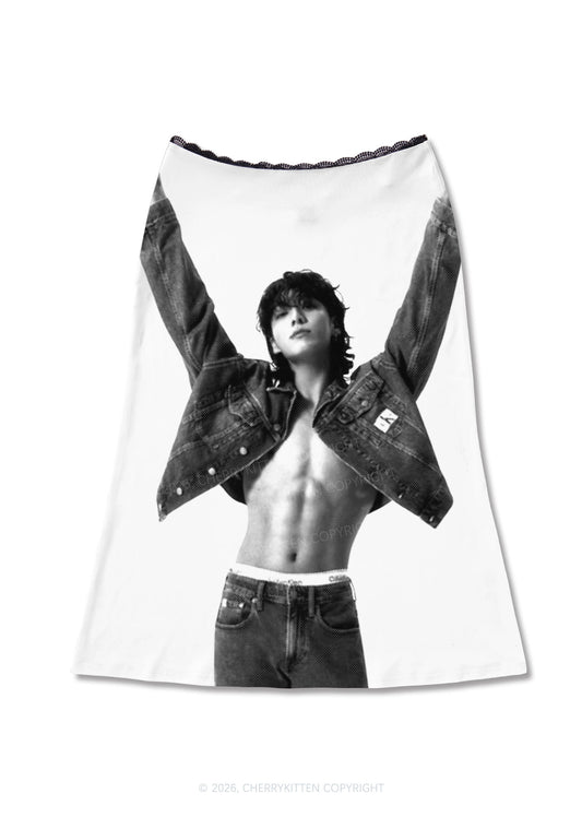 Denim Jacket Kpop Boy Portrait Y2K Print Midi Skirt Cherrykitten