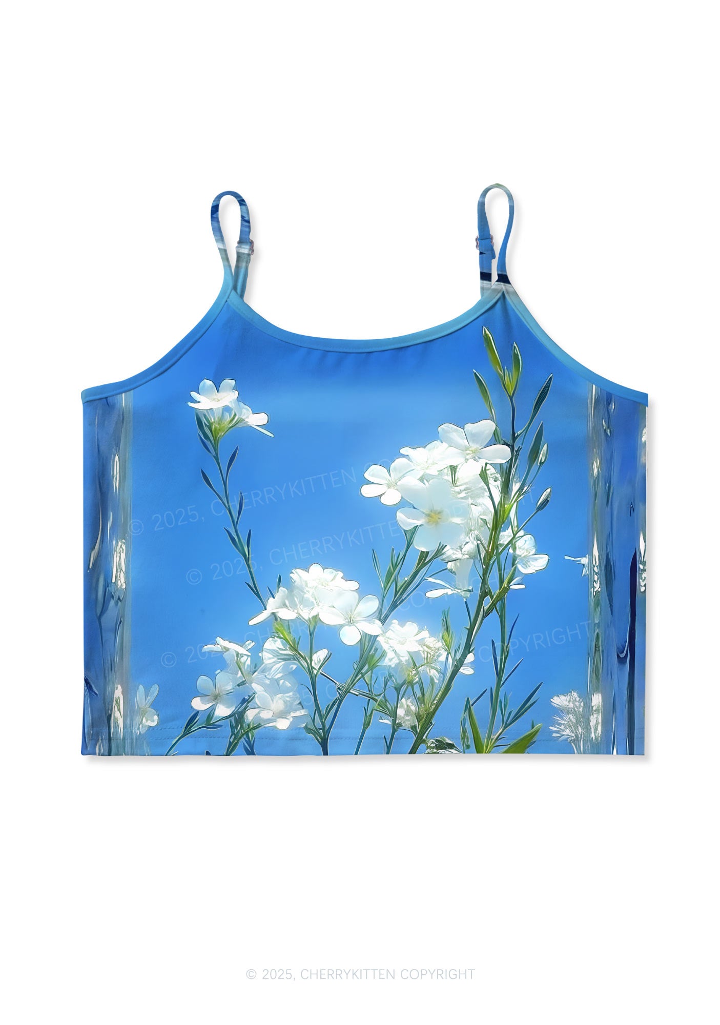 White Flowers Y2K Print Cami Crop Top Cherrykitten