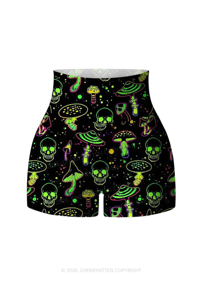 Neon Skull Mushroom Y2K Print Yoga Shorts Cherrykitten