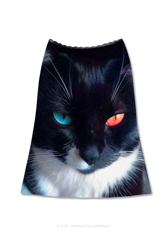 Odd Eyed Cat Y2K Print Midi Skirt Cherrykitten