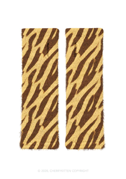 Khaki Tiger Stripe Y2K Print Fuzzy Arm Warmers Cherrykitten