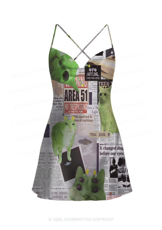 Green Alien Kitten Y2K Print Satin Cowl Neck Slip Dress Cherrykitten