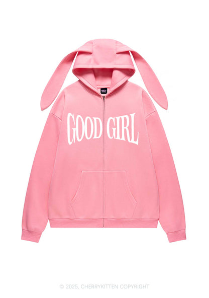 Good Girl Y2K Bunny Ear Zip Hoodie Cherrykitten
