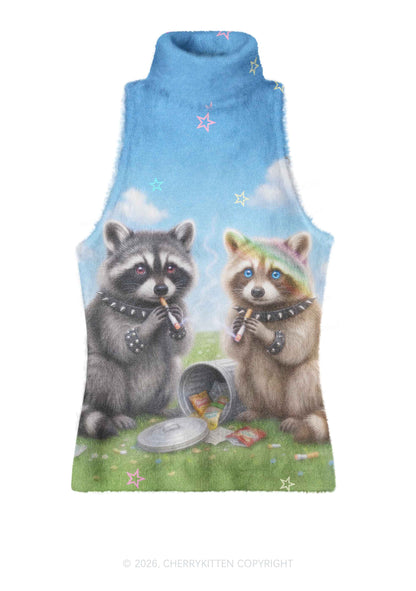 Two Punk Raccoons Smoking Y2K Knit Turtleneck Tank Top Cherrykitten