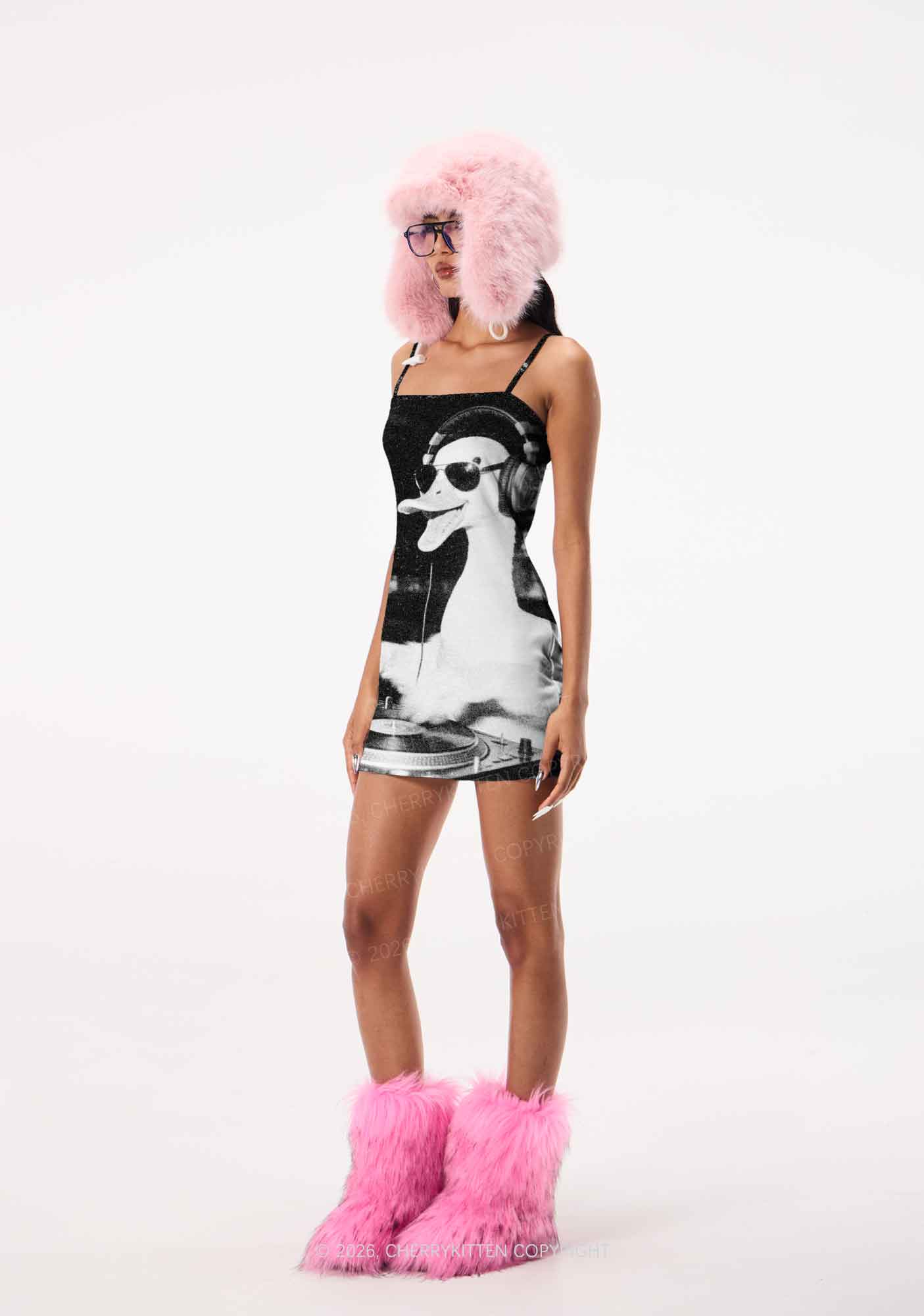 DJ Duck Spinning Records Y2K Print Slip Dress Cherrykitten