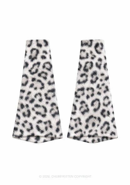 White Leopard Y2K Print Fuzzy Flared Leg Warmers Cherrykitten