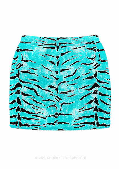 Mint Blue Tiger Stripe Y2K Knit Mini Skirt Cherrykitten