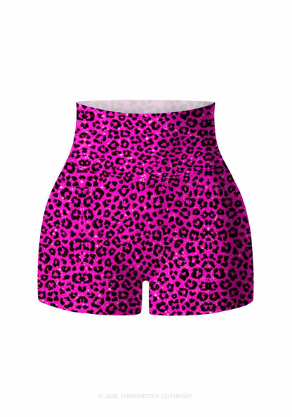 Hot Pink Leopard Y2K Print Gym Shorts Cherrykitten