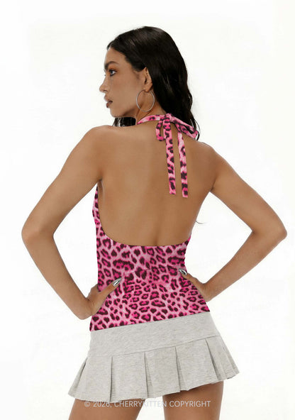 Pink Leopard Y2K Print Halter Deep V Neck Cami Cherrykitten