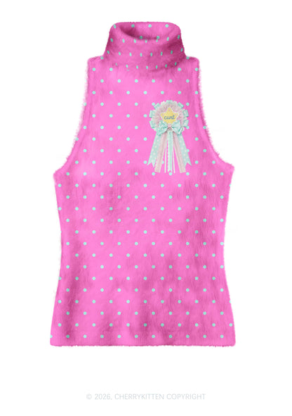 Cxxt Bow Badge Dots Y2K Knit Turtleneck Tank Top Cherrykitten